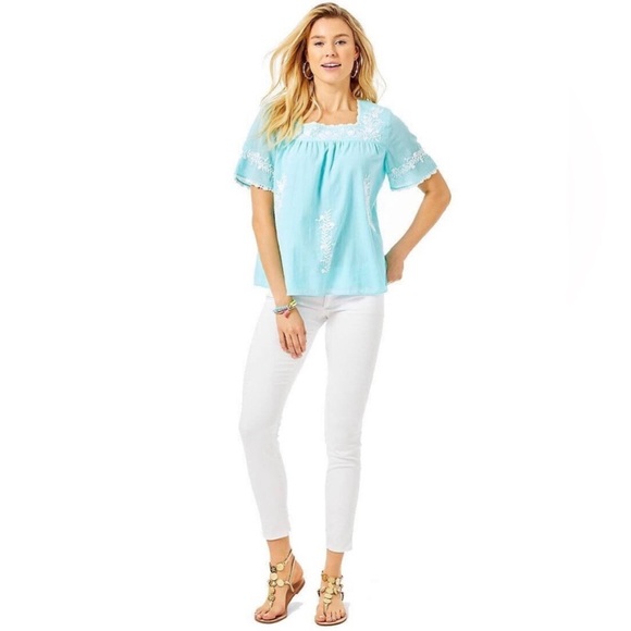 Lilly Pulitzer Tamryn Embroidered Ibiza Blur Blouse with White Floral Detail - Picture 2 of 7